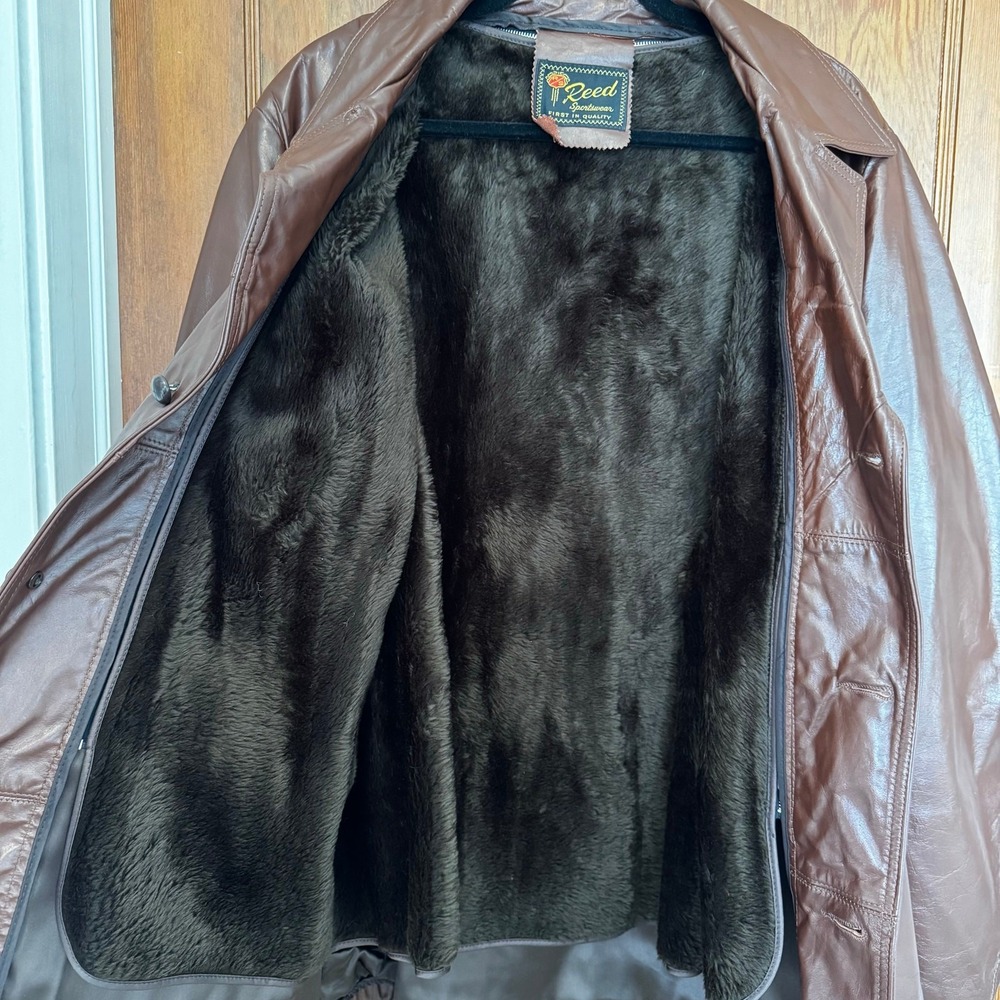 Reed Sportswear Leather Jacket Brown Vintage 1970s Faux Fur Lined Coat Retro Dad - Picture 10 of 15